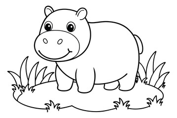 cute Hippopotamus, some grass and a tree, coloring book