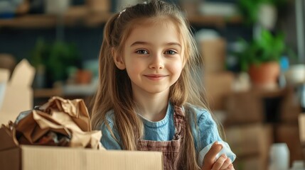 Fototapeta premium A girl creates a project on sustainable packaging options, inspired by a woman scientist's efforts to reduce waste