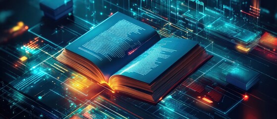 An open book surrounded by digital elements, symbolizing the fusion of knowledge and technology.