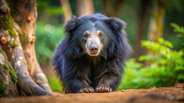 Sloth bear looking for food in the forest, sloth bear, Melursus ursinus, wildlife, mammal