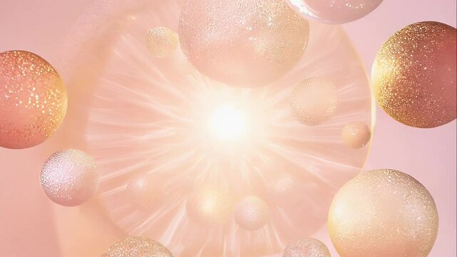 Cosmetic essence balls penetrating deep into skin layers, triggering cellular activation and glowing rejuvenation