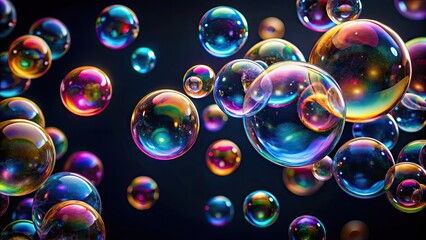 Colorful soap bubbles floating on a dark background, bubble, vibrant, shiny, reflective, iridescent, spherical, floating
