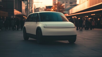 futuristic electric taxi parked near bustling train station with people blurred in background