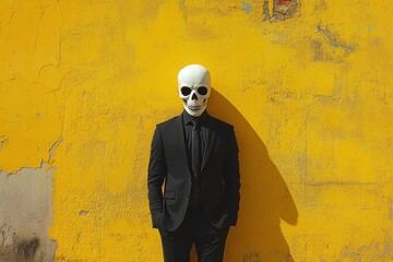 Man in a black suit with a white skull mask, a dramatic and mysterious portrait.