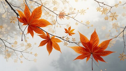 Ethereal Autumn Maple Leaves, Vibrant Orange-Red Foliage with Golden Filigree, Misty White Background