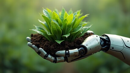 Futuristic Robot Hand Gently Holding Vibrant Green Plant in Dark Soil - Sustainable Technology and Agriculture Concept