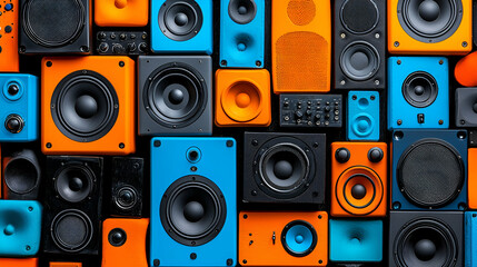 Obraz premium Colorful arrangement of various speakers in orange, blue, and black tones, showcasing audio equipment in a dynamic pattern.