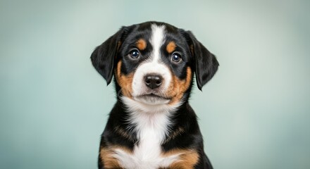 Adorable tricolor puppy portrait on soft pastel background for pet lovers