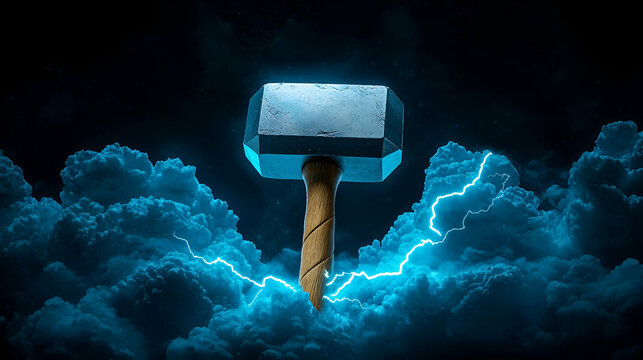 A mystical hammer surrounded by vibrant blue lightning and dark clouds, evoking a sense of power and magic.