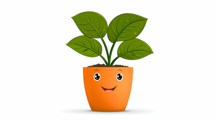 Fototapeta premium A cheerful cartoon plant in an orange pot with smiling face and vibrant green leaves, symbolizing growth and happiness.