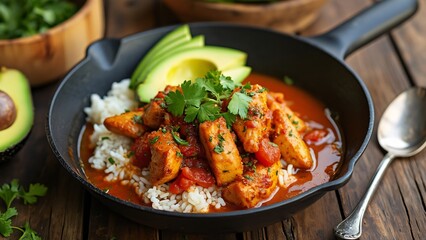 Pan-Seared Tinga Chicken with Taco Seasoning in Rich Broth, Served over Fluffy White Rice, Garnished with Avocado and Cilantro