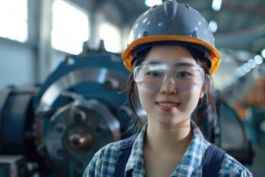Asian woman worker in safety gear at metal manufacturing factory.
