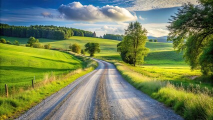 Obraz premium Gravel road winding through lush countryside landscape, countryside, gravel road, rural, nature, outdoor