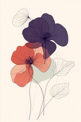 Fototapeta premium Elegant Line Art Floral Print with Colorful Poppies and Soft Background â€“ Perfect for Home Decor, Wall Art, and Creative Design Projects