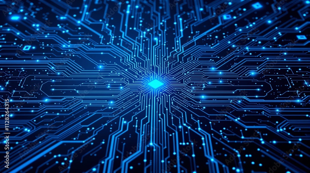 Poster circuit board with glowing blue lines on dark background.