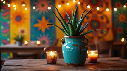 Obraz premium Vibrant Mexican Fiesta, Aloe Vera Plant in Turquoise Pot, Papel Picado Decor, Candlelit Wooden Table Setting