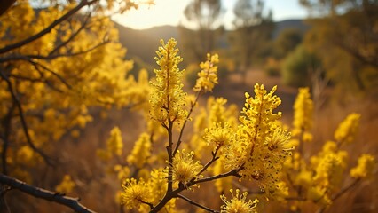 Golden Wattle Blossoms Ablaze, Vibrant Yellow Flowers in Warm Afternoon Sunlight, Soft Shadows on Gentle Terrain, Delicate Petals, Blooming Eucalyptus, Native Bees