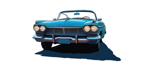 front view of a blue classic car drive the street cartoon