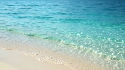 Obraz premium Serene Crystal-Clear Lake, Gentle Waves on Pristine White Sand Beach Background - Perfect for Relaxation and Copy Space