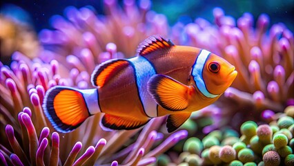 Brightly colored Amphiprion Ocellaris Clownfish swimming in a vibrant marine aquarium, clownfish