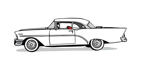 side view Classic Car Driving Through a City cartoon drawing