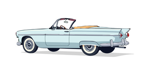 Side view Classic Convertible white grey Cruising Along the Road hand drawing