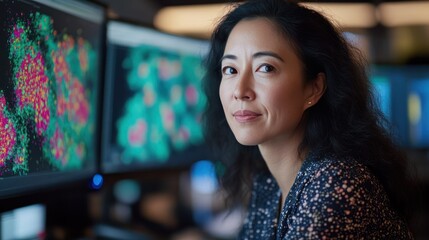 A woman scientist leads a team researching predictive modeling for virus spread, emphasizing global health for people