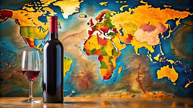 Bottle of wine with colorful world map background, highlighting various global regions, wine, bottle, world map, background