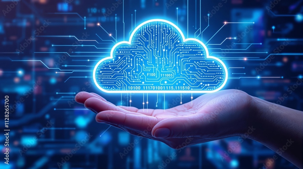Poster Digital cloud with circuit patterns held in a hand, glowing on a futuristic blue background.
