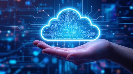 Digital cloud with circuit patterns held in a hand, glowing on a futuristic blue background.