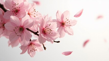 Ethereal Pink Sakura Blossoms, Delicate Floating Flowers on White Background - Spring Floral Image
