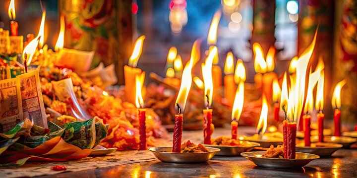 Offering joss paper money and burning candles during Chinese hungry ghost festival, Chinese, hungry ghost festival, prayer