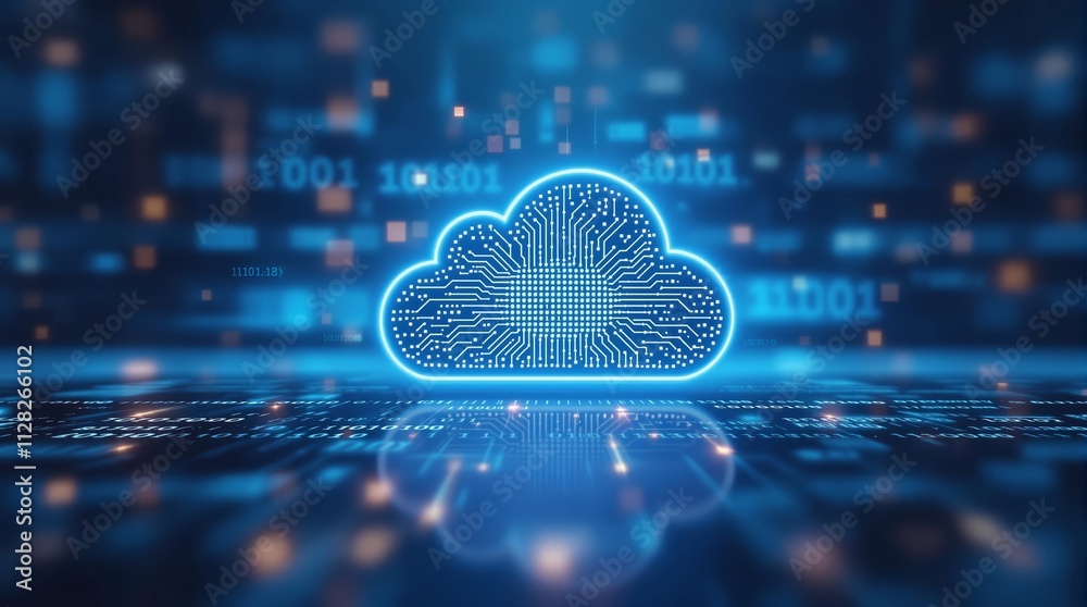 Poster Neon glowing cloud with circuit patterns in a digital data environment.