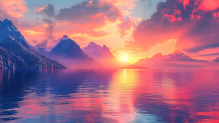 Dramatic Sunset Over Mountainous Coastline. A breathtaking digital painting of a dramatic sunset over a rugged mountainous coastline.