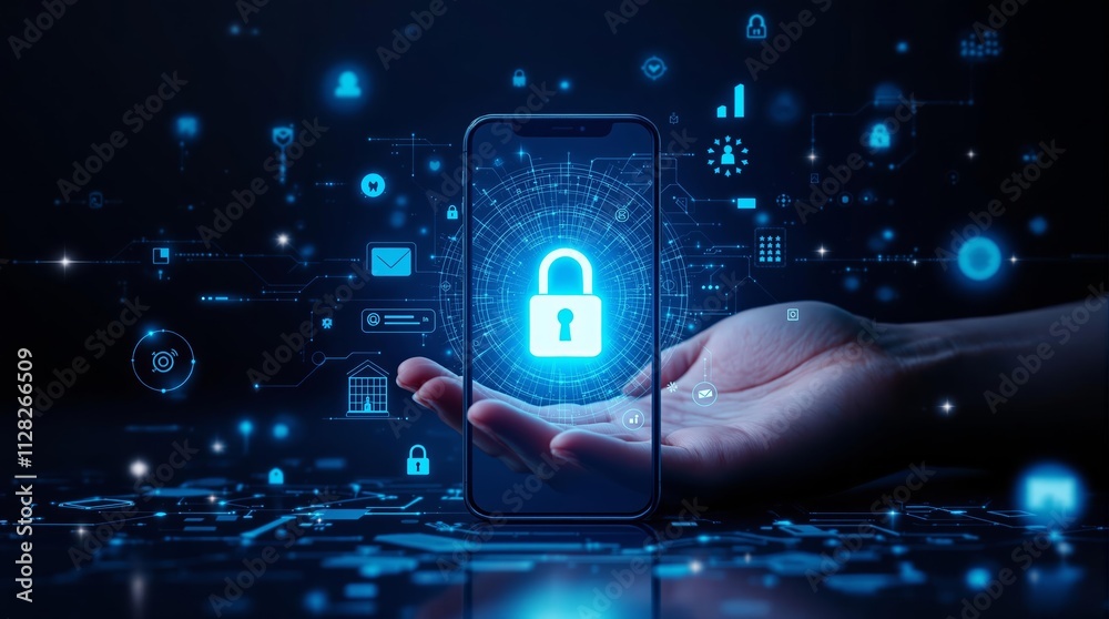 Poster Cybersecurity concept with a smartphone and a glowing lock icon in a hand on digital background.
