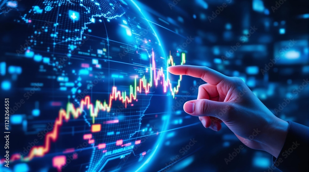 Aufkleber Hand pointing at glowing financial chart with digital world map in background.