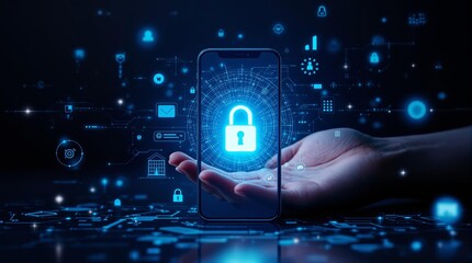 Cybersecurity concept with a smartphone and a glowing lock icon in a hand on digital background.