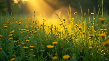 Obraz premium Enchanted Meadow, Sunlit Yellow Wildflowers Swaying Gently in a Lush Green Field at Sunrise