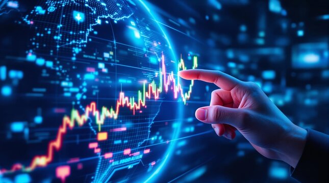 Hand pointing at glowing financial chart with digital world map in background.