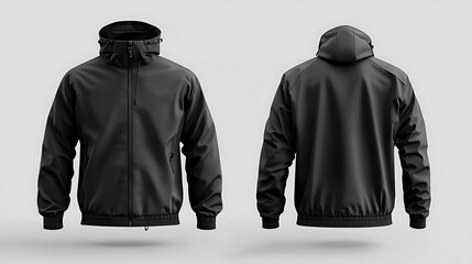 Black Hooded Softshell Jacket Mockup Front and Back View  High-Quality Apparel Design Template for Branding and Promotion