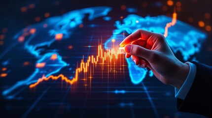 Hand analyzing stock market graph on futuristic digital interface with glowing blue world map.