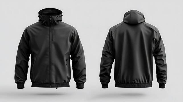 Black Hooded Softshell Jacket Mockup Front and Back View  High-Quality Apparel Design Template for Branding and Promotion
