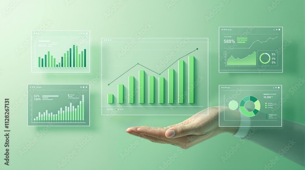 Aufkleber Green financial data visualizations with bar graphs, charts, and analytics on a futuristic interface hovering over a hand.