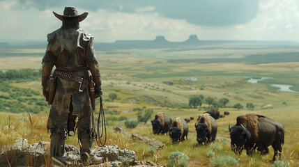 Cowboy Tending to Grazing Bison Herd
