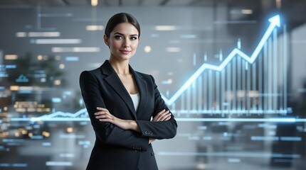 Confident businesswoman in formal attire standing with arms crossed, digital growth chart in background.