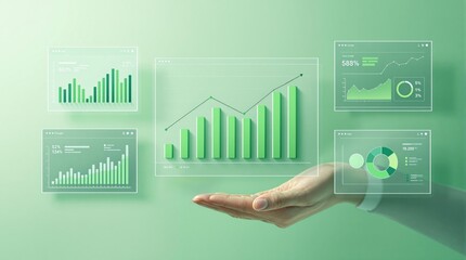 Green financial data visualizations with bar graphs, charts, and analytics on a futuristic interface hovering over a hand.