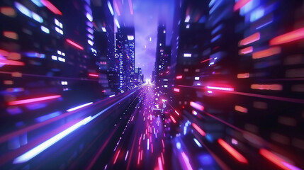 Obraz premium 3D rendering of warp speed in a hyper loop through a futuristic mega city glowing with blur lights at night, showcasing next-gen technologies like 5G networks, fintech, AI, machine learning.