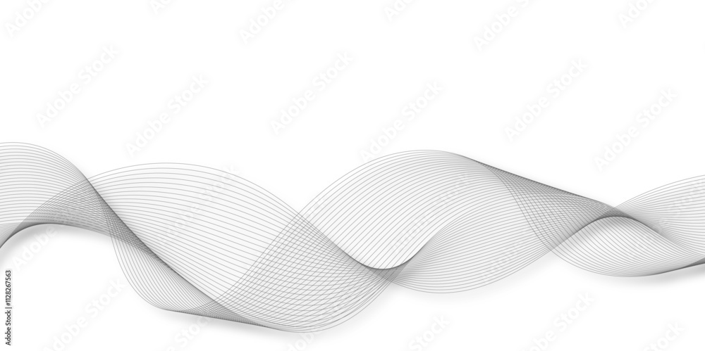 Poster Abstract grey, white smooth element swoosh speed wave modern stream background. Wave with lines created using blend tool. Abstract frequency sound wave lines and twisted curve lines background.	