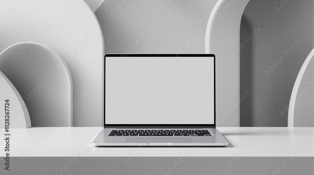Aufkleber Laptop with blank screen on minimalistic table with abstract white arches background.