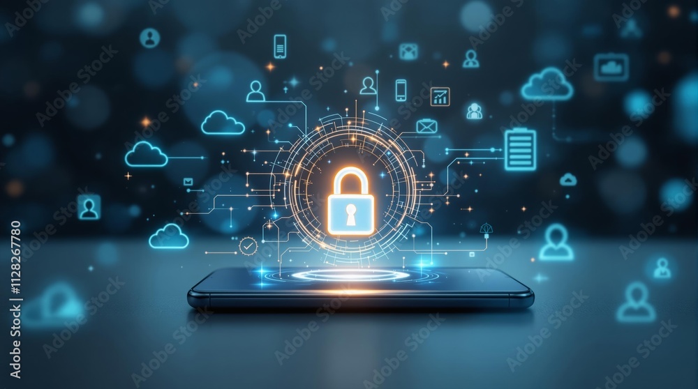 Aufkleber Cybersecurity concept with a glowing padlock and data icons on a smartphone in a futuristic digital environment.